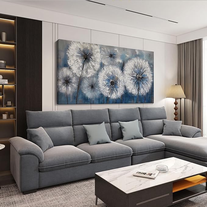 Dandelion Wall Art Blue Large Picture for Living Room Canvas Art Wall Decor Above Bed White Flower Artwork for Walls Wall Paintings Modern Art Aall Decor Framed Wall Art for Bedroom 29×58IN