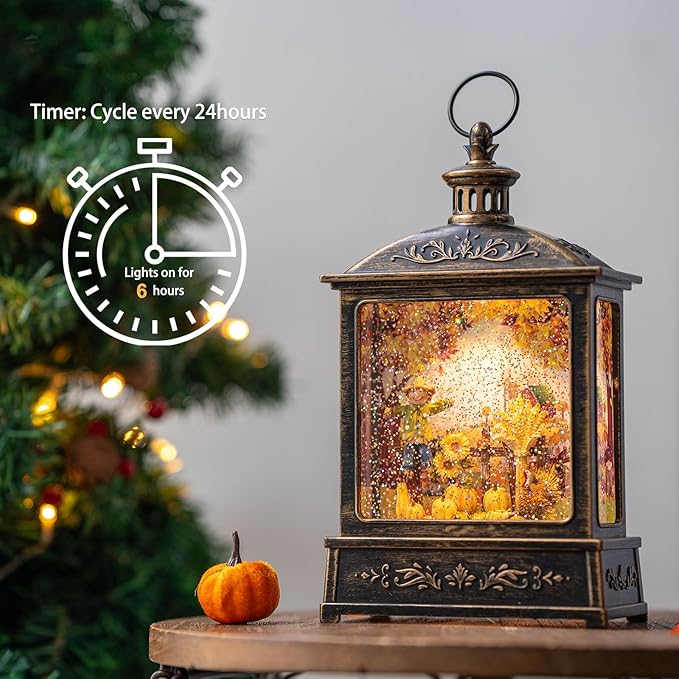 12.5'' Fall Snow Globe Lantern - Thanksgiving Glittering Lighted Lantern, Fall Decorations Autumn Harvest Day Gifts, Home Fall Halloween Decor (Scarecrow &Turkey)