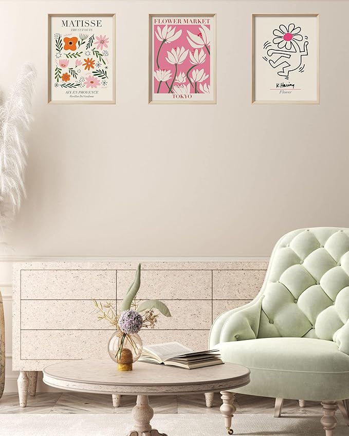 UPWOIGH Framed Wall Art, 12x16in Abstract Henri Matisse Canvas, 12" x 16" Wood Frame Pink Flower Market Wall Decor, Minimalist Set of 3 for Living Room