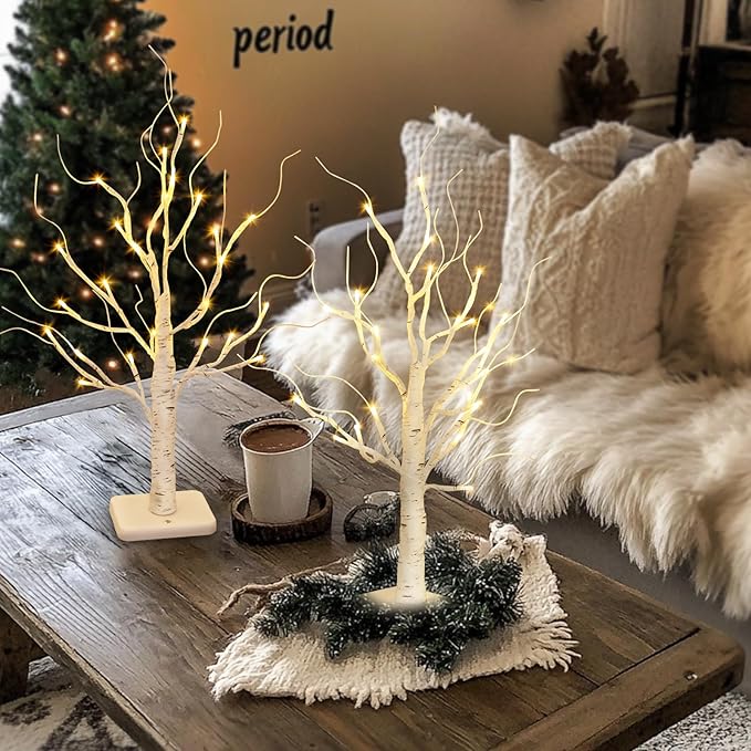 Vanthylit 2 Pcs Lighted Birch Tree Battery Powered Tabletop Tree Decorations for Home Fireplace Party Christmas Decorations (22 Inch)