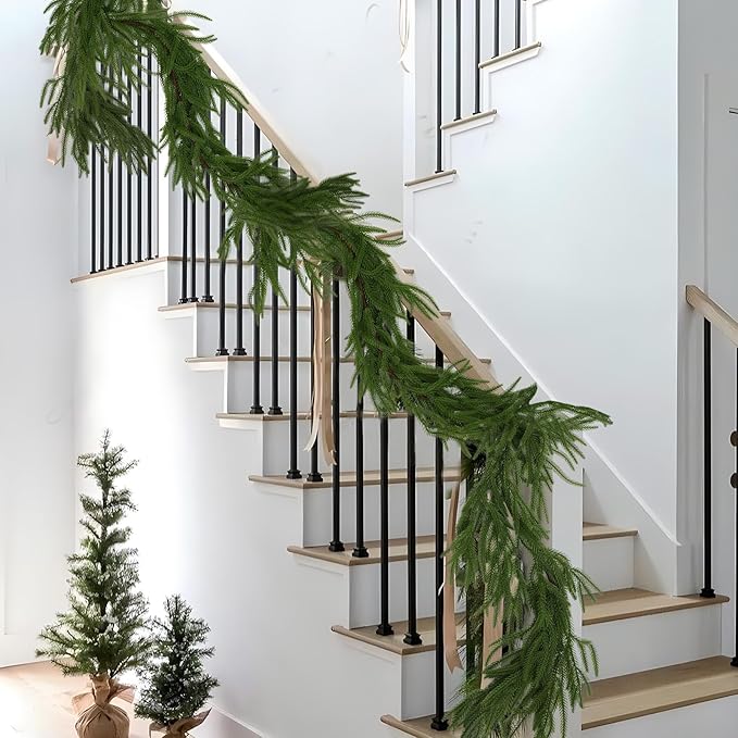 Hananona 4 Pcs 6 Ft Artificial Norfolk Pine Garlands, Real Touch Winter Pine Garland, Green Artificial Greenery Garland for Table, Mantle, Wall, Indoor, Outdoor Christmas Decorations (4, 6 FT)