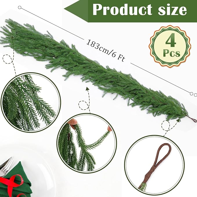 Hananona 4 Pcs 6 Ft Artificial Norfolk Pine Garlands, Real Touch Winter Pine Garland, Green Artificial Greenery Garland for Table, Mantle, Wall, Indoor, Outdoor Christmas Decorations (4, 6 FT)