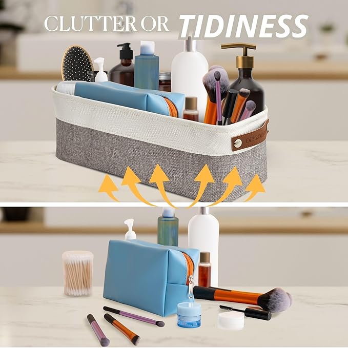 DECOMOMO Narrow Storage Bins Small Baskets for Organizing Bathroom, Toilet Tank, Towel Storage, Entryway, Gifts (Grey and White - Set of 4)