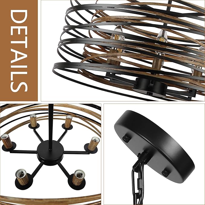 23.6'' Rustic Large Drum Chandeliers for Dining Room, 6-Light Modern Farmhouse Lighting for Kitchen Island, Retro Round Entryway Light Fixture, Black with Retro Wood Texture Interior