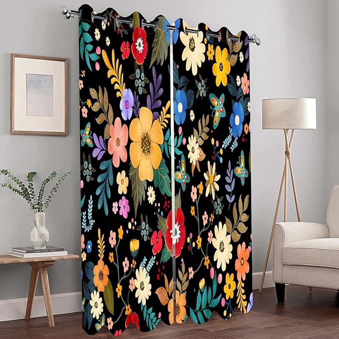 Colorful Flowers Floral Curtain Boho Pile Flowers Halloween Spring Summer Decor Women Girls Wife Mom Kids Bedroom Nursery Kitchen Dining Living Room Darkening Grommet Window Drapes 2 Panels, 52"x63"