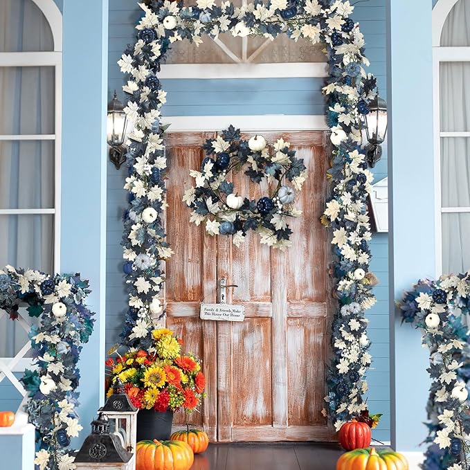 Zeyune 6ft Fall Blue Garland Decor Long Thanksgiving Garland with Pumpkin Autumn Maple Leaves White and Blue Pumpkins Wreath Hanging Rustic Decor for Front Door Kitchen Fireplace Home Indoor Outdoor