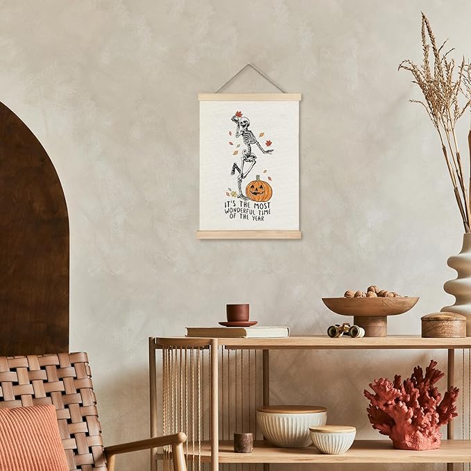 Supwhd Funny Halloween Skeleton Pumpkin Wall Art with Wooden Poster Hanger, Most Wonderful Time of the Year Halloween Wall Decor, Gothic Skull Posters Wall Art Decor, Skeleton Wall Decor, 12x16