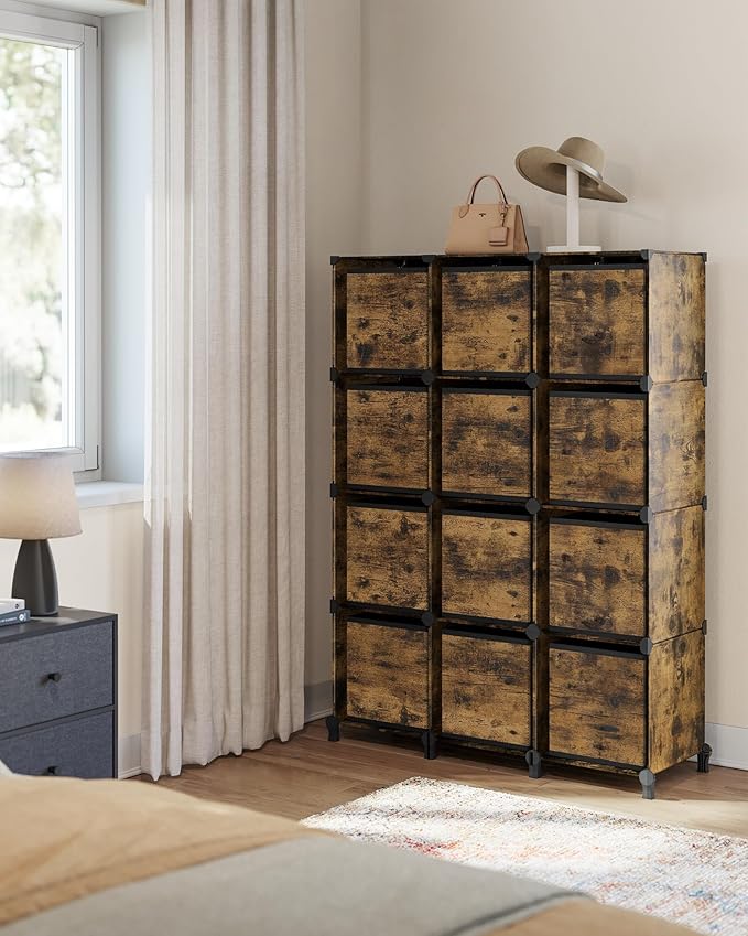 SONGMICS Cube Storage Organizer with Storage Boxes, Set of 12-Cube Organizer, 12 Collapsible Non-Woven Fabric Bins, Customizable, Space-Saving, Bedroom, Rustic Brown ULPC122K01