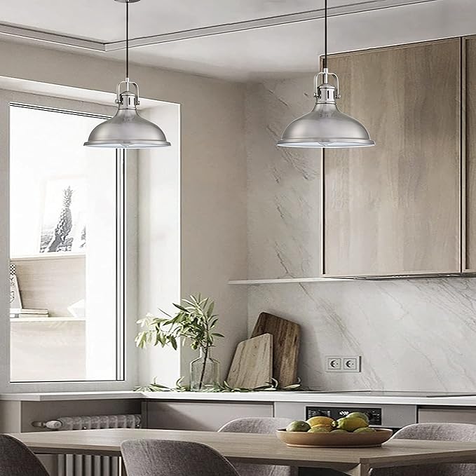12 Inch LED 2 Pack 1 Light Pendant Light Industrial Vintage Fixtures Metal Chandelier Lights with Brushed Nickel Finish,Ceiling Lamp for Kitchen Home Island Dining Room Bedroom Farmhouse