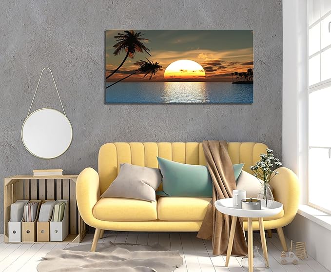 DZL Art S75650 Sunset Coconut Palm Trees Canvas Wall Art Palm Trees on the small island Tropical Scenery Nature Canvas prints Pictures for Living Room Home Office Wall Decor Artwork