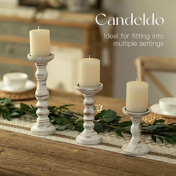 Wood Candle Holders for Pillar: Rustic Candles Holder Set of 3 Tall Table Centerpiece Decor Wooden White Farmhouse Decorations for Fireplace Mantle
