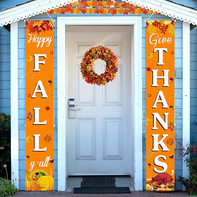 Fall Decorations for Home Happy Fall & Give Thanks Porch Banner Pumpkin Maple Leaves Door Welcome Signs for Autumn Harvest Thanksgiving Decorations Decor Indoor Outdoor