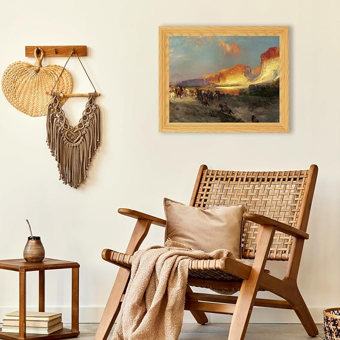 Brivoria Framed Canvas Wall Art Vintage Decor, Romantic Autumn Western Scene with Horse Riders, Red Rock Canyon and Golden Sunset Light for Hallway Reading Nook or Rustic Frontier Display, 13"x16"