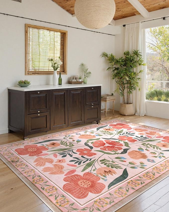 Beeiva Washable 6x9 Area Rugs for Bedroom, Floral Living Room Nursery Beige Rugs with Low Pile, Floral Ultra-Thin Non Slip Carpet for Bedroom Nursery Dorm Kids Room Décor (Beige,6'x9')