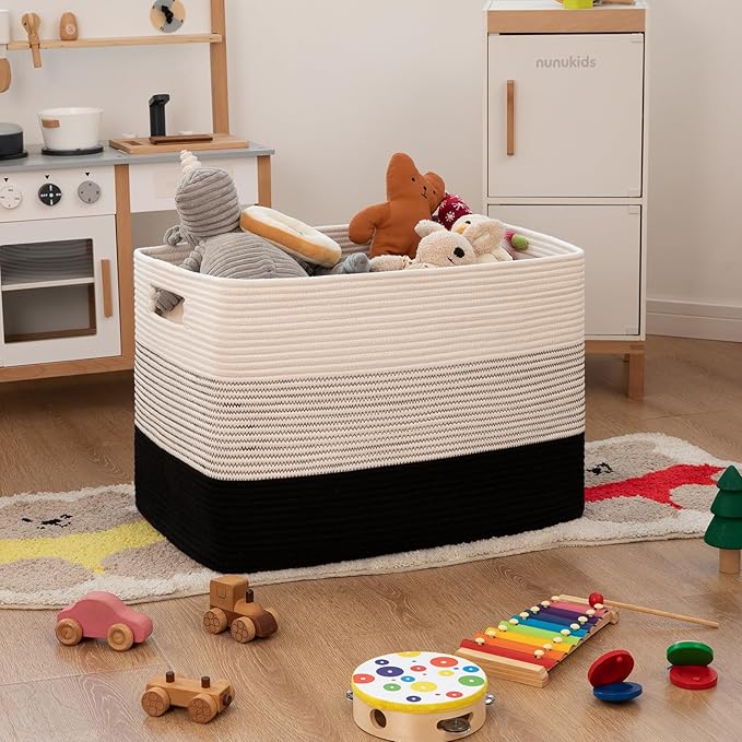 OIAHOMY 108L Large Cotton Rope Basket, Rectangle Woven Baskets for Storage, Nursery Blanket Storage Living Room, Toy Basket With Handle-25”x16”x16”-Gradient Black