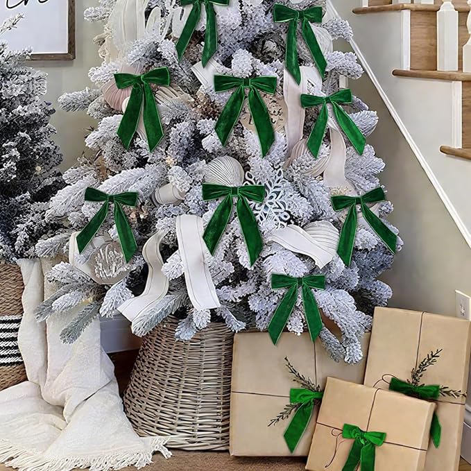 Christmas Decorations - Christmas Bows - 24 Pcs 7 x 6 inch Medium Green Velvet Bows for Christmas Tree - Xmas Ribbon Ornaments - Home Decor for Wreath Garland Gift Wrapping Crafts Wedding Party