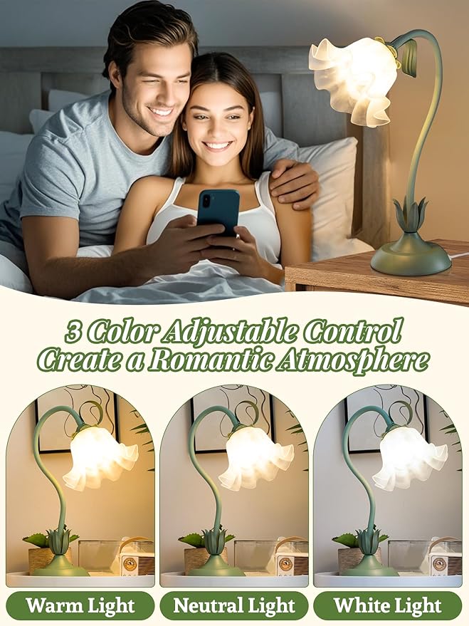 Flower Table Lamp Bedside Lamps LED Reading Light,3 Color Modes Cute Small Lamp,Vintage Flower Lamp Nightstand Lamp Kawaii Table Lamp for Bedroom Living Room Office Dorm Desk Home Decor(Green lamp)