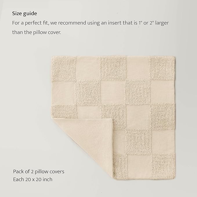 Double Stitch Checkered Throw Pillow Covers - 100% Cotton Set of 2 Tufted Boho Decorative Pillow Covers 20x20, Made in India, Square Cushion Case, Modern Home Decor for Couch, Sofa, Living Room, Beige