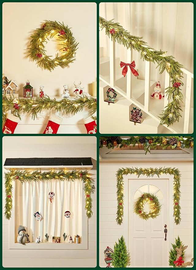 Brightown Christmas Garland with Lights, 6Ft 20 LED Lighted Pine Leaves Garland Decorated with Snowflakes, Berry, North Star, Battery Operated Indoor & Outdoor Christmas Lights for Mantle Stairs Wall