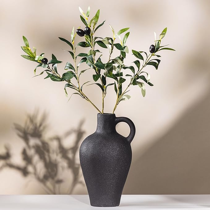 Luxurious Gift Set Textured Ceramic Vase 10 Inch with Olive Branches 22 Inch Tall Black Medium Vase Artificial Topiaries Fake Plants, Minimalist Shelf Decor, Neutral Home Office High End Gifting Decor