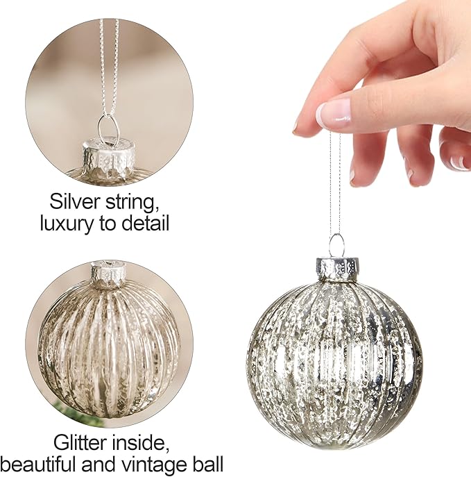Mercury Glass Christmas Ornaments Silver Hanging Balls with Different Shapes for Xmas Tree Decor,Vintage Finials Luxury Christmas Decoration Hanging Bauble for Neutral Holiday Winter Wedding-Set Of 10