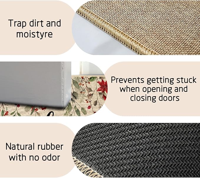 ORTIGIA Welcome Christmas Poinsettia Doormat Indoor Outdoor, Winter Holly Berry Patio Door Mats Non-Slip Durable Door Mat for Home Entrance, Outside Entry, Yard, Floor, Patio 17x29.5 Inch