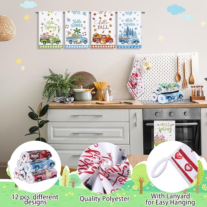 12 Pcs Seasonal Kitchen Towels Set for All Holidays Hand Dish Tea Towels Fall Halloween Christmas Cute Drying Dishcloths Decorative Absorbent Wash Cloths(Truck Style)