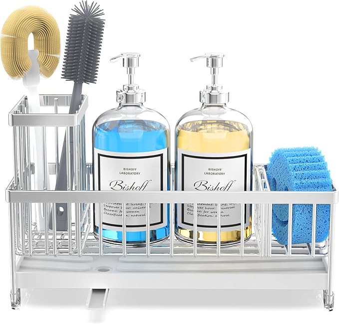 Moforoco Larger Version Sponge Holder for Kitchen Sink, Sink Caddy with High Brush Holder, Kitchen Sink Organizer Countertop Rustproof 304 Stainless Steel (Stainless Steel)