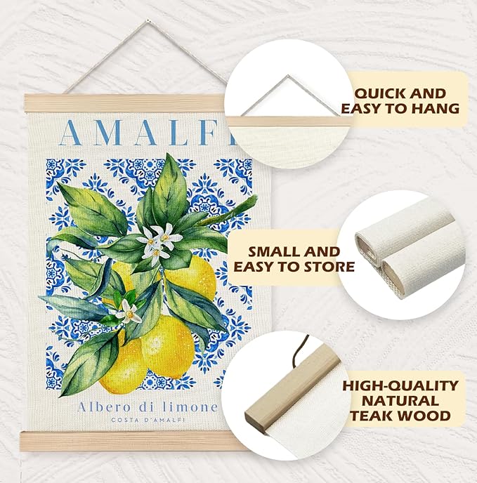 Yomisex Italian Amalfi Coast Lemon Wall Art Poster, Blue and White Floral Mediterranean Tiles Lemons Tree Canvas Prints Wall Art Framed for Home Kitchen Dining Room Decor, 12x16 Inch