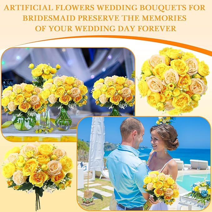 Geosar 8 Bundles Artificial Peonies Flowers Fake Silk Peony Bouquet Faux Peonies Flowers Bulk for Decoration Vase Florals Arrangements Wedding Party Table (Yellow,Champagne)