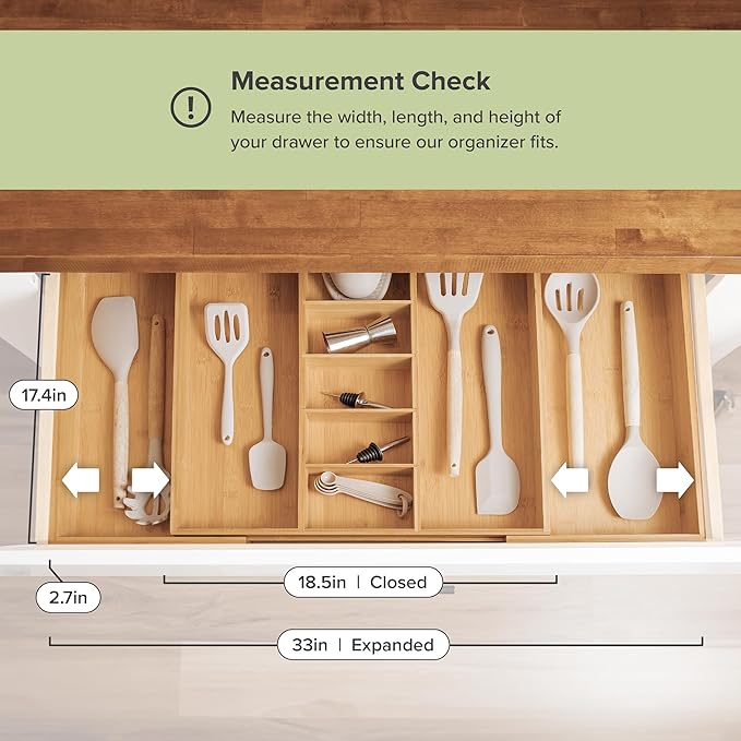Adjustable Kitchen Drawer Organizer for Utensils and Junk, Food-Safe Contract Grade with 100% Sustainable Wood, Expandable from 19 to 33 Inches Wide - Natural Bamboo