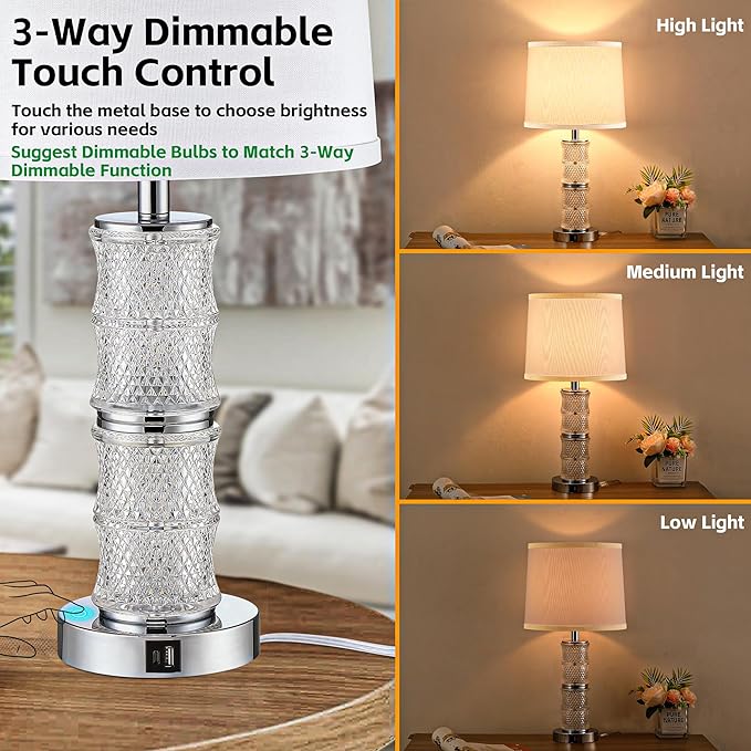 GRUENLICH Crystal Bedside Lamps Set of 2, Chrome Nightstand Bedroom Light with Touch Control, 3-Way Dimmable Table Lamps, USB C+A Charging Ports for Living Room and End Tables