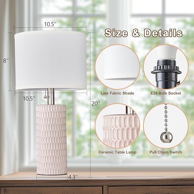 Table Lamps for Living Room Set of 2, Ceramic Table Lamps for Bedroom, 20" Modern Lamps for Night Stands, Pink