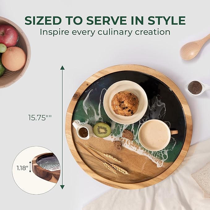 Acacia Wood Round Serving Tray with Epoxy Resin Art, 15.8βx15.8β, Includes Stand & Loofah, Handcrafted Ocean Wave Design, Perfect for Charcuterie, Serving Platters & Appetizers