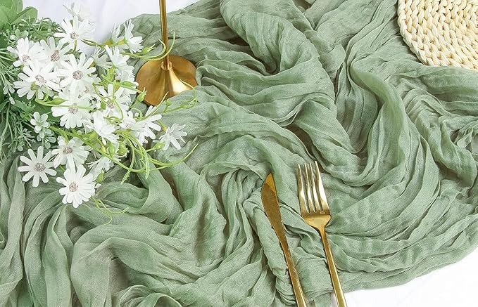 FEXIA 4 Pack Baby Shower Decoration Table Runner 35x120 Inches Sage Green Gauze Rustic Table Runner for Wedding Party First Communion Centerpiece Engagement Bridal Shower Boho Decoration