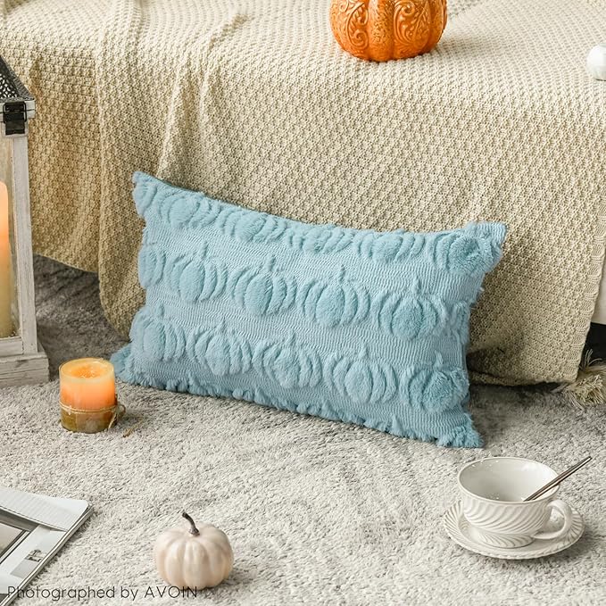AVOIN colorlife Fall Pumpkin Blue Throw Pillow Covers, 12 x 20 Inch Seasonal Autumn Thanksgiving Harvest Decoration Soft Plush Faux Fur Jacquard Cushion Case Decoration for Sofa Couch Set of 2