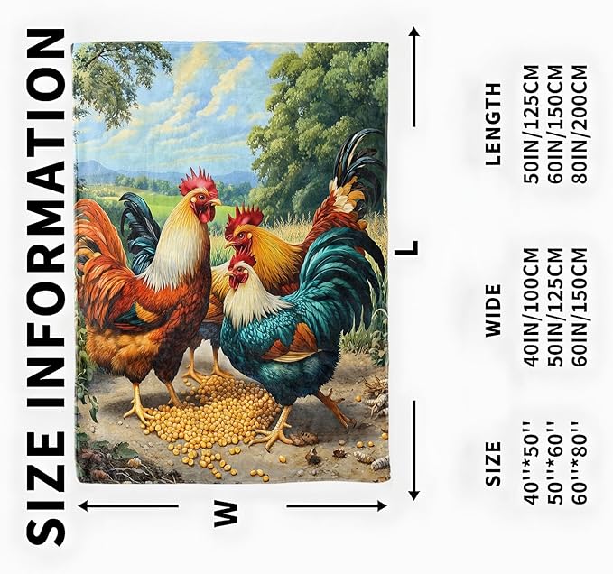 Colorful Rooster Blanket, Cozy Flannel Vibrant Chicken Pecking Corn Throw Blanket, Soft Fuzzy Blankets for Travel Decor, All Season Lightweight Couch Bed Cover, Gifts for Women Kids 50"×60"