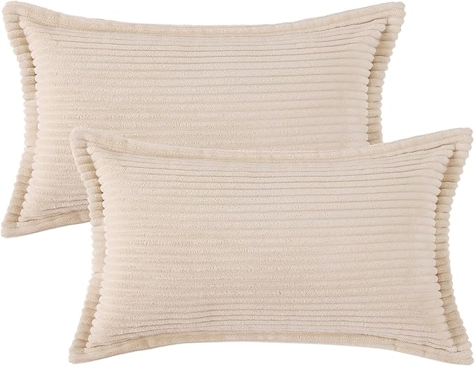 Mecatny Corduroy Throw Pillow Covers 12x20 Set of 2, Neutral Decorative Soft Boho Lumbar Couch Pillow Covers with Broadside for Sofa Living Room, Beige