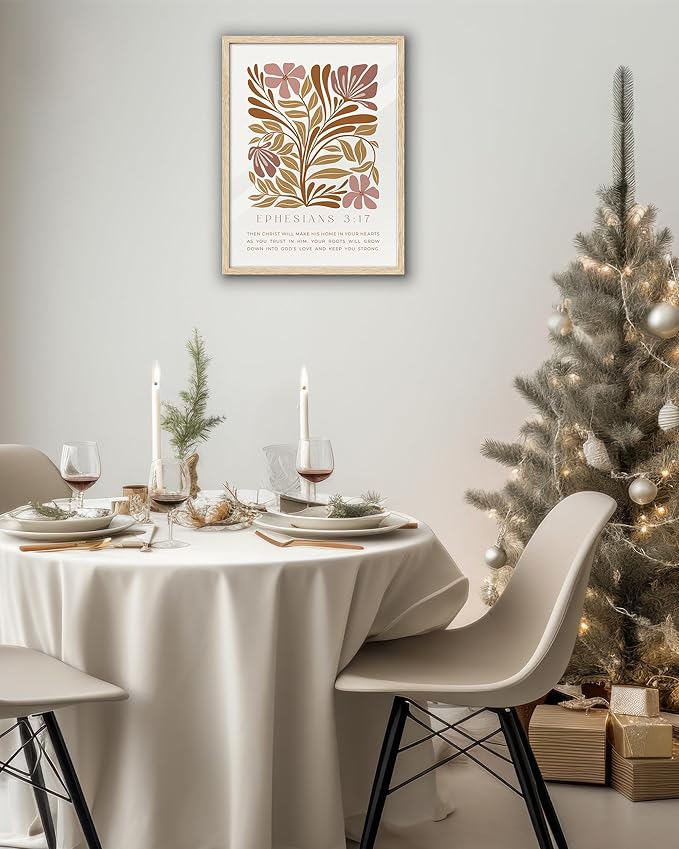 EcoHest Bible Verse Floral Framed Wall Art, 12x16 in OAK Wood Abstract Flowers Canvas Wall Art, Ephesians 3:17 Home Decor, Beige Logs Boho Christ Set of 1 for Bedroom Living Room