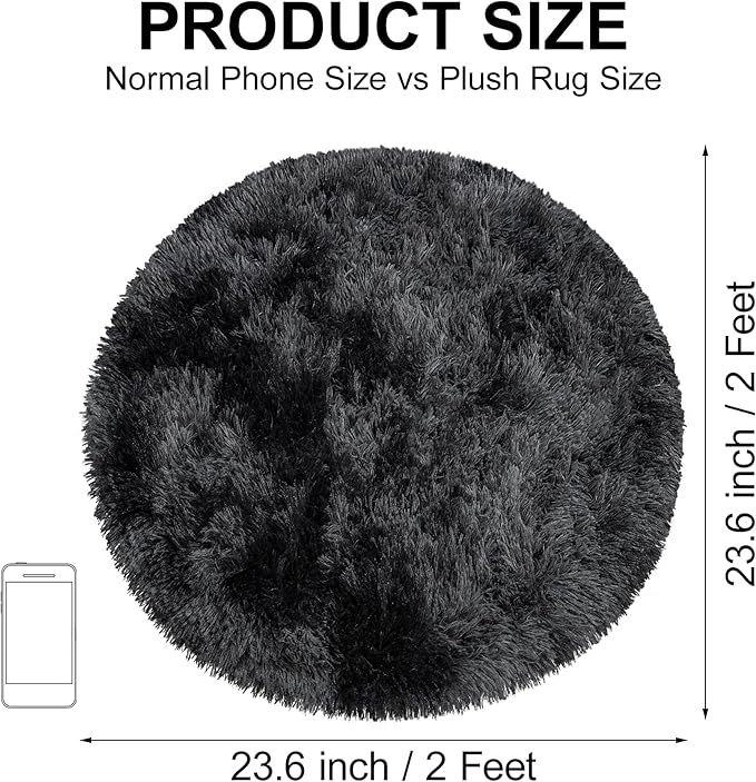 Tie Dye Black Round Rugs Small 2x2 ft Fluffy Circle Rug Furry Carpet Shaggy Circular Fuzzy Plush Area Rug for Girls Bedroom Kids Room Nursery Cute Room Decor Chair Cushion Pet mat Doormat