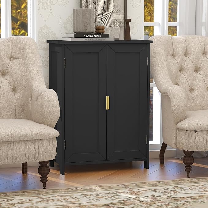 TaoHFE Black Freestanding Bathroom Cabinet with 2 Doors - Towel & Small Storage for Bathroom, Restroom, Office, Restaurant, Living Room