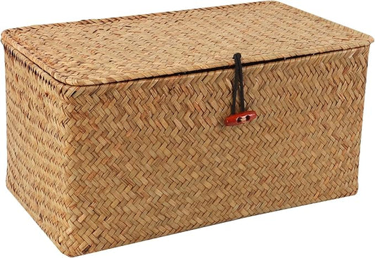 Wicker Shelf Baskets with Lid,Natural Seagrass Storage Basket Boxes Handwoven Rectangular Baskets Bins Multipurpose Home Organizer Decor (Medium)