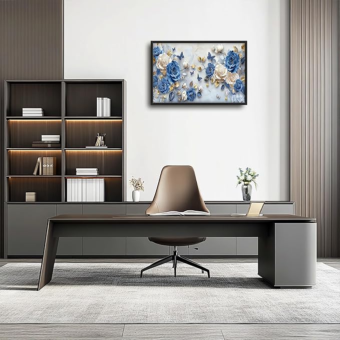 Framed Large Wall Art for Living Room, Blue and White Florals Canvas Wall Decor, Flowers Pictures Painting, Modern Artwork for Living Room Bedroom Office 36L'' × 24W''