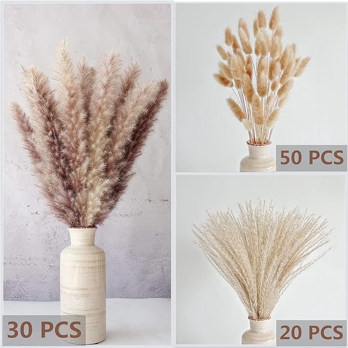 Natural Dried Pampas Grass Decor, Brown Pampas Grass, Bunny Tails Dried Flowers, Reed Grass Bouquet for Wedding Boho Flowers Home Table Decor, Fall Decor,Rustic Farmhouse Party (100 in Total )