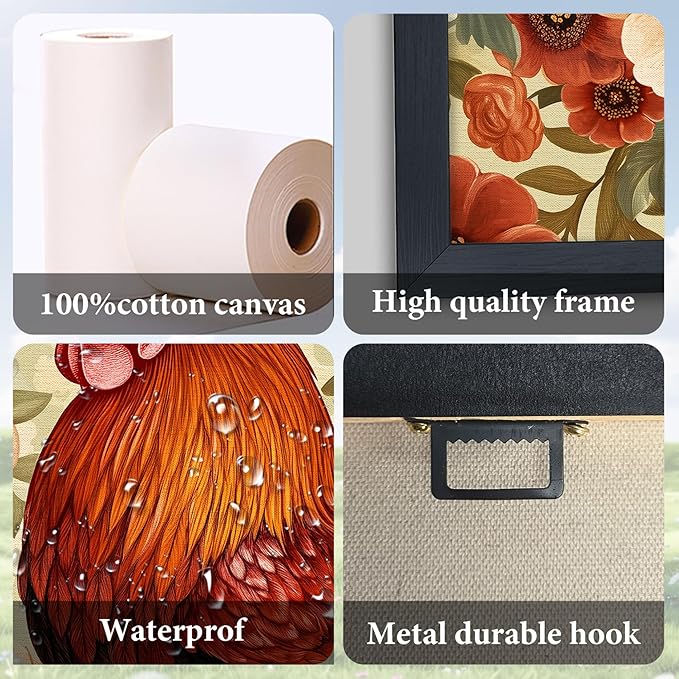 Lovira Farmhouse Rooster Large Wall Art Rustic Country Farm Chicken Floral Canvas Wall Decor Pictures Prints Painting Framed Artwork for Living Room Bedroom Bathroom Kitchen 24"x36"