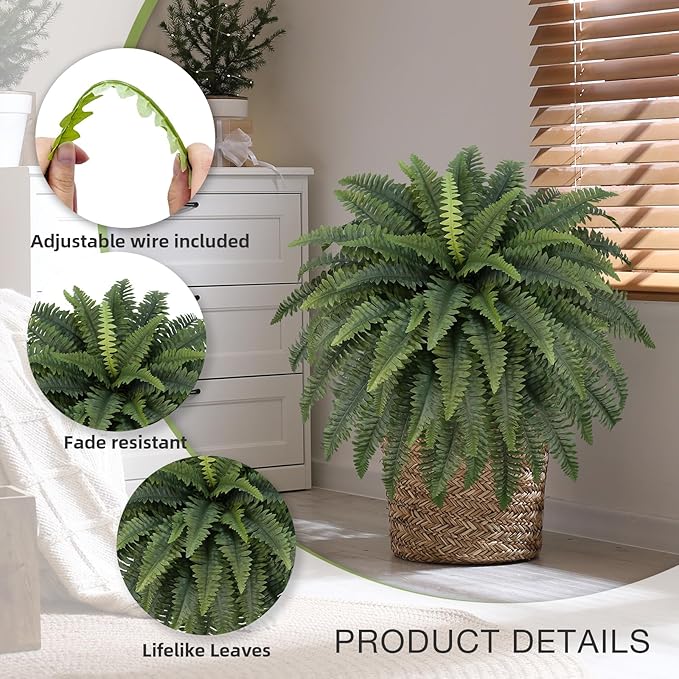 42" Artificial Boston Fern Large Bush Plants, 2 Bundles of Fake Ferns with 65 Fronds for Outdoors Home Decor