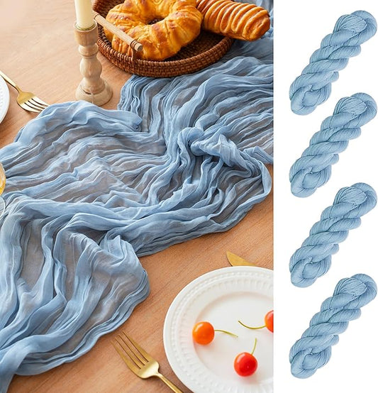 FEXIA 4 Pack Dusty Blue Table Runner 35x120 Inches for Baby Shower Decoration Gauze Rustic Table Runner for Wedding Party First Communion Centerpiece Engagement Bridal Shower Boho Decoration