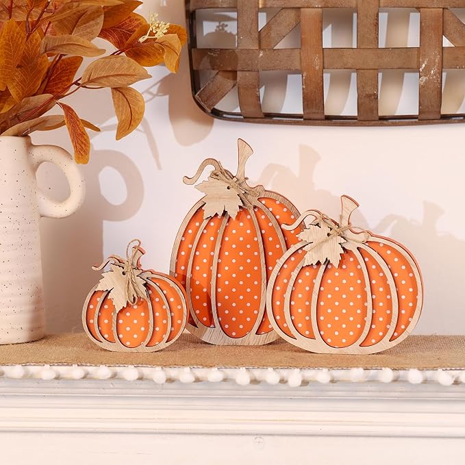 Fall Decor- 3pcs Wooden Pumpkin Decorations for Autumn Thanksgiving Home Table Shelf Mantel Fireplace Party Decor