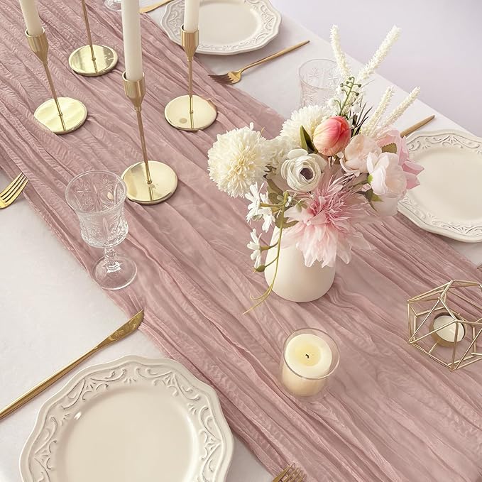 FEXIA 6 Pack Table Runner Dusty Pink Cheesecloth 35x120 Inches Boho Gauze Spring Easter Table Runner for Wedding Decor Reception Bridal Shower Centerpiece Engagement