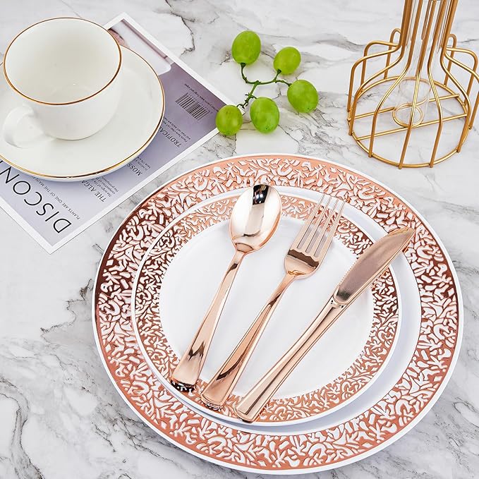 ๐ฎ๐ญ๐ฌ Count Rose Gold Plastic Dinnerware Disposable Plates 30 Dinner & 30 Dessert Plates & 30 Cups & 30 Rose Gold Paper Napkins & 30 Plastic Silverware Set
